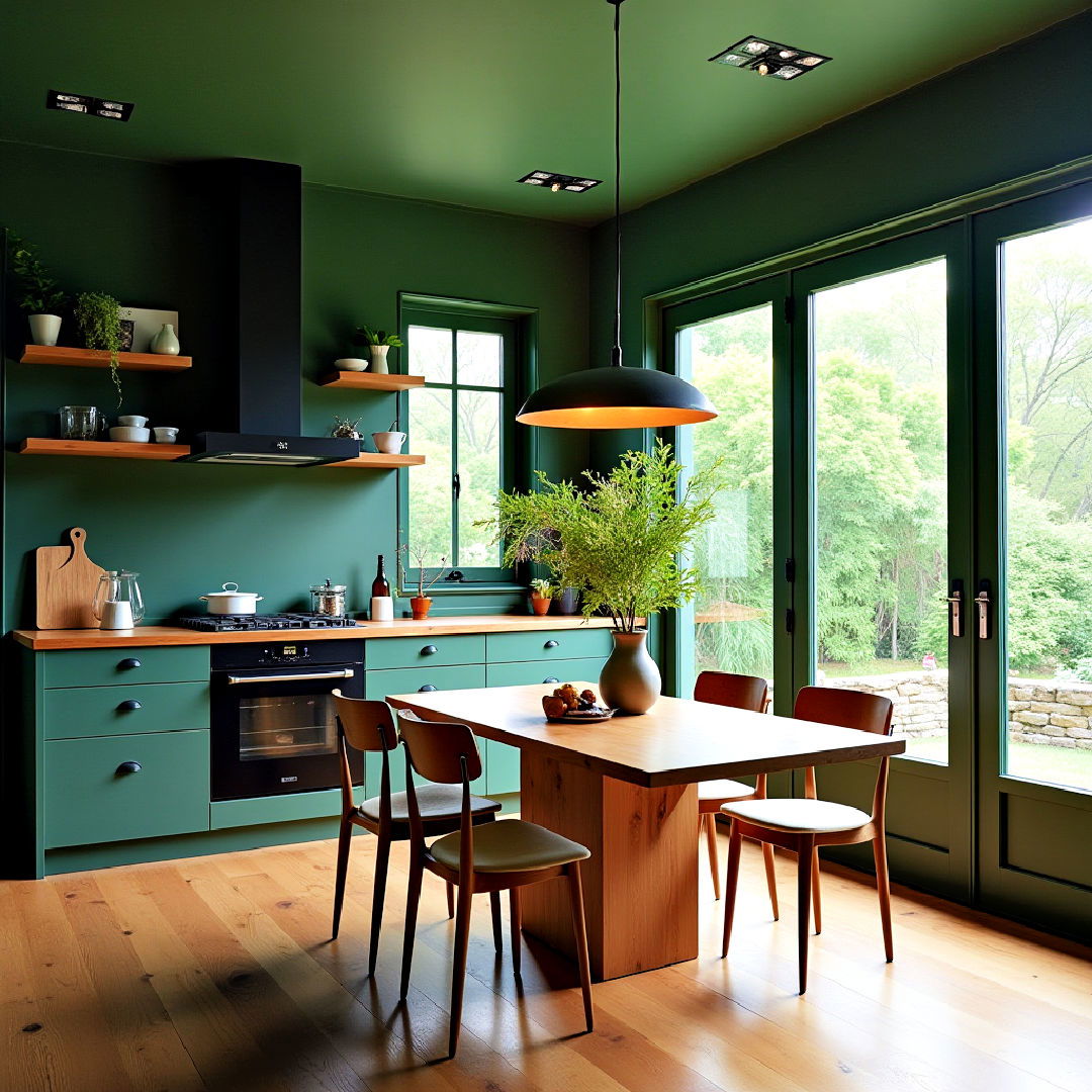 dark green walls with open windows for an airy feel