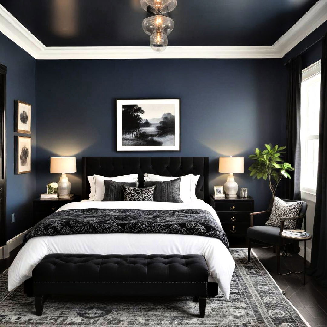 deep blue walls with black accents