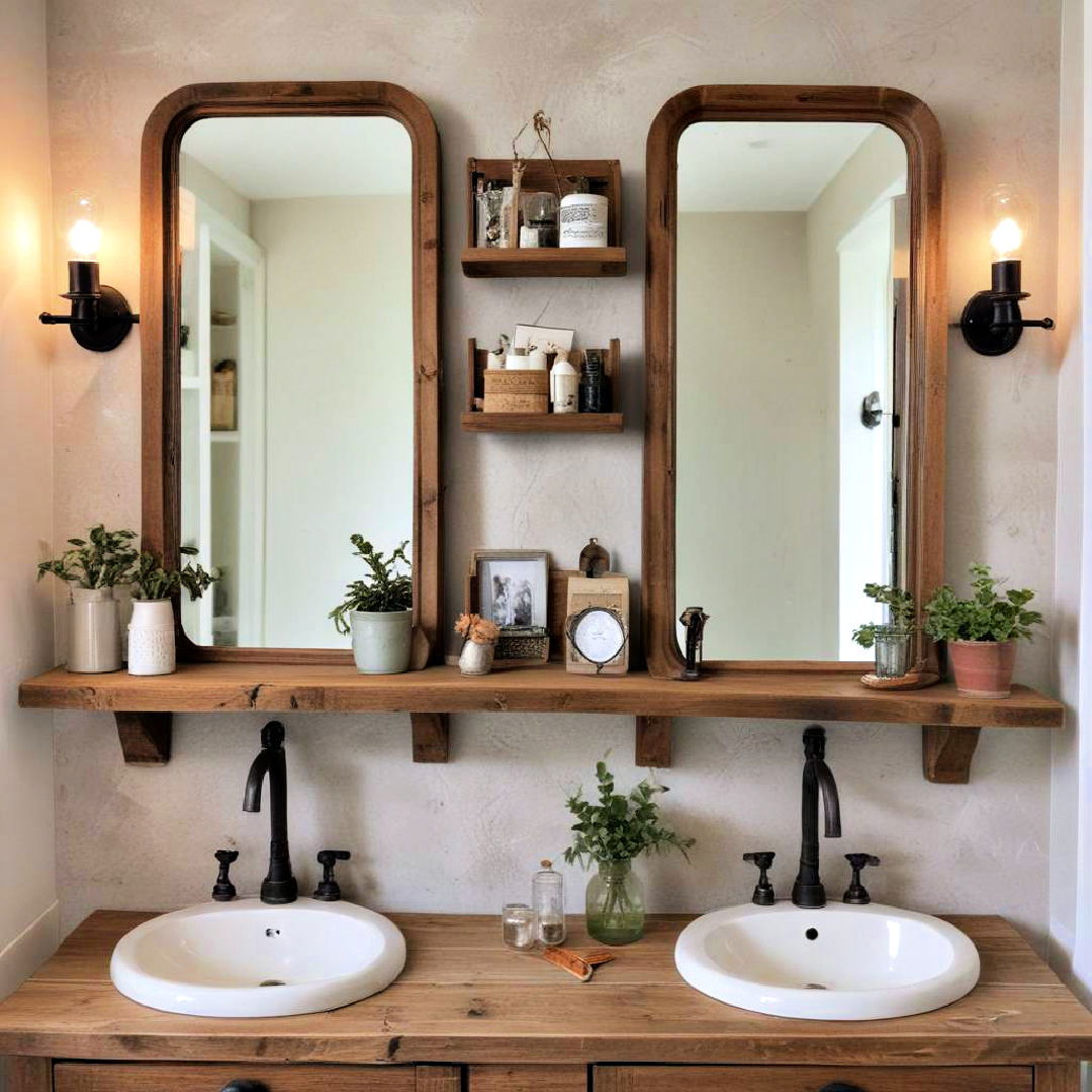 double mirrors with rustic shelving