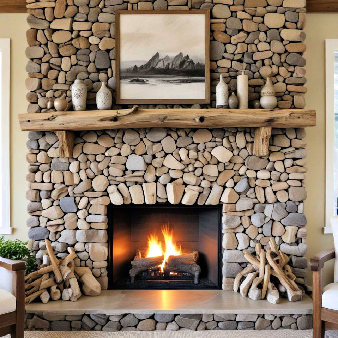 driftwood mantel with stone surround