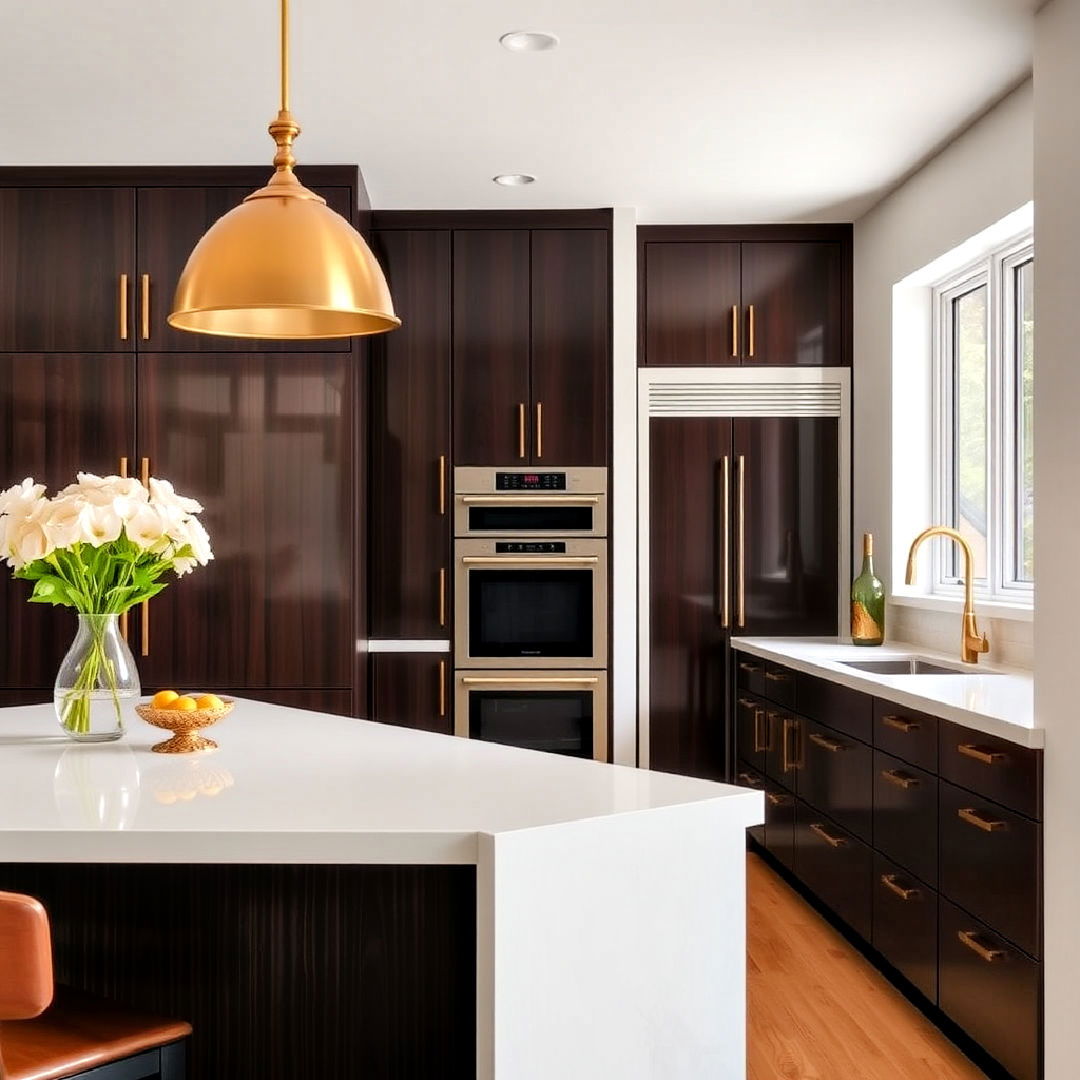 espresso brown cabinets with gold accents