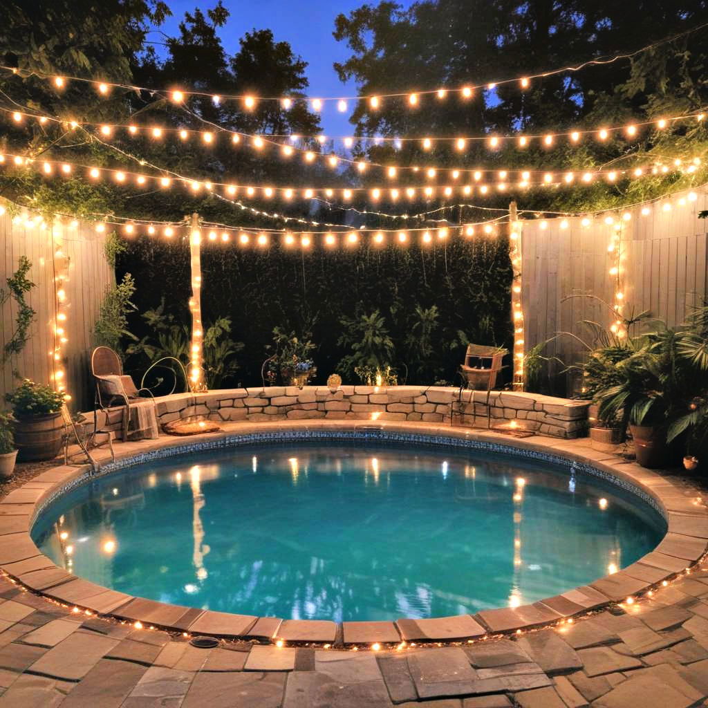 fairy lights adorned stock tank pool