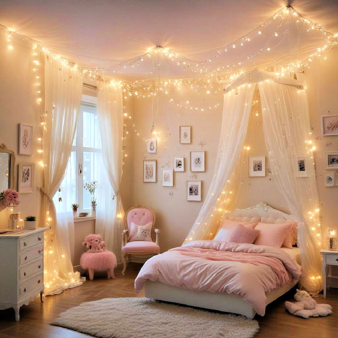 fairy lights draped around the room