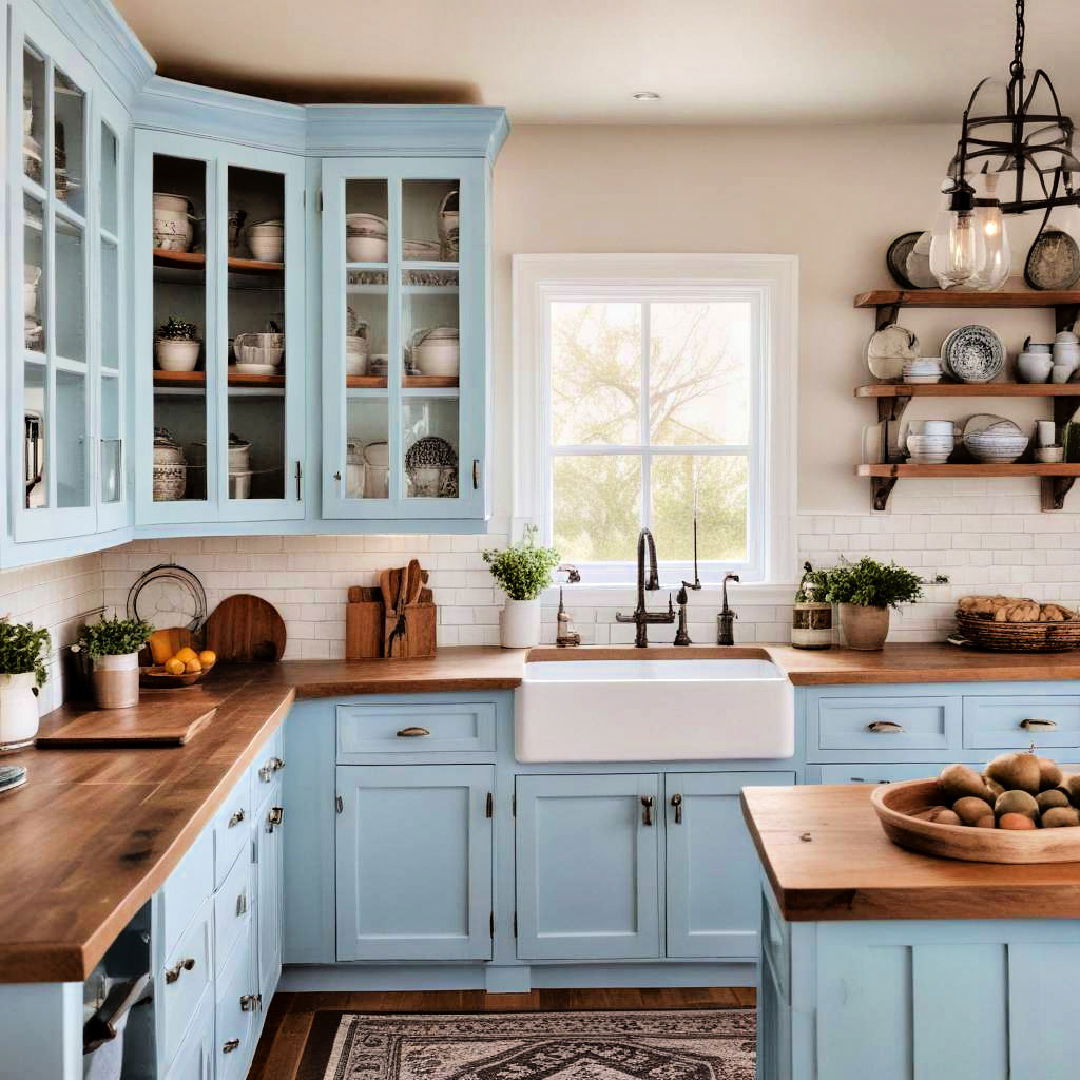 farmhouse inspired light blue cabinets