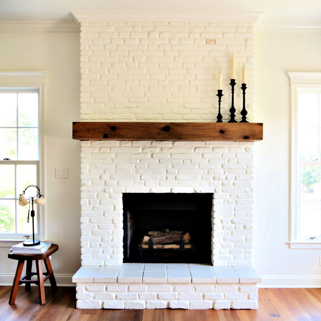 farmhouse white stone fireplace with wooden beam mantel