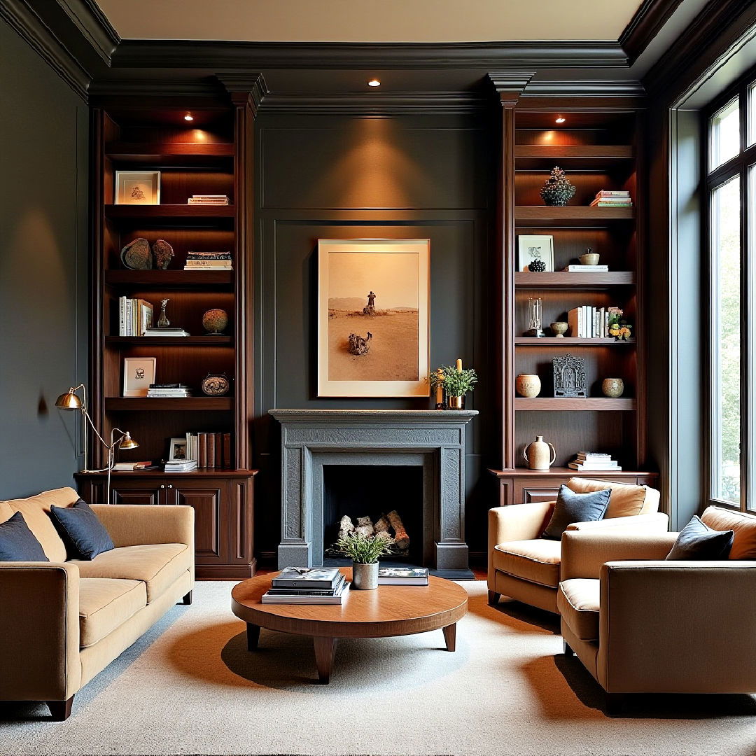 floor to ceiling bookshelves in dark stain