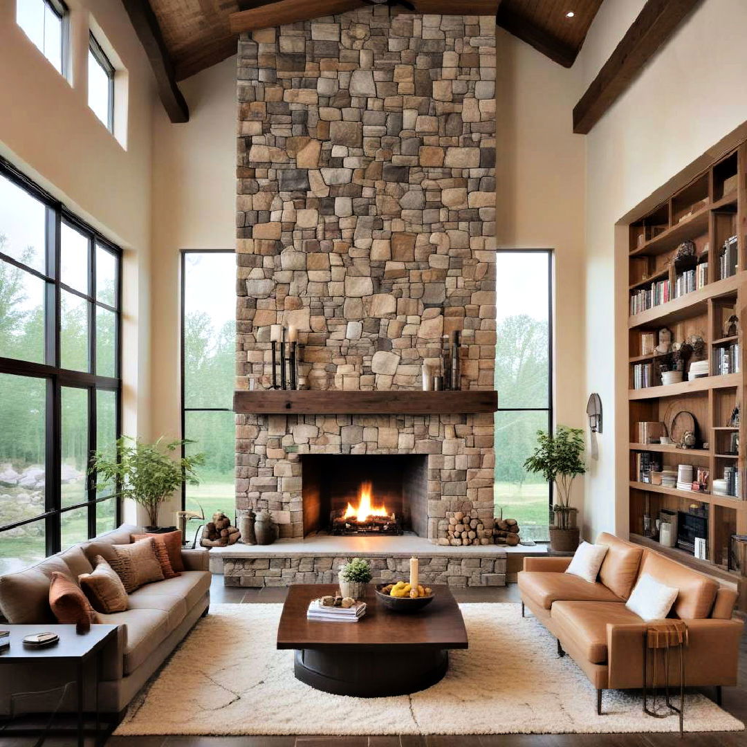 floor to ceiling stone fireplace