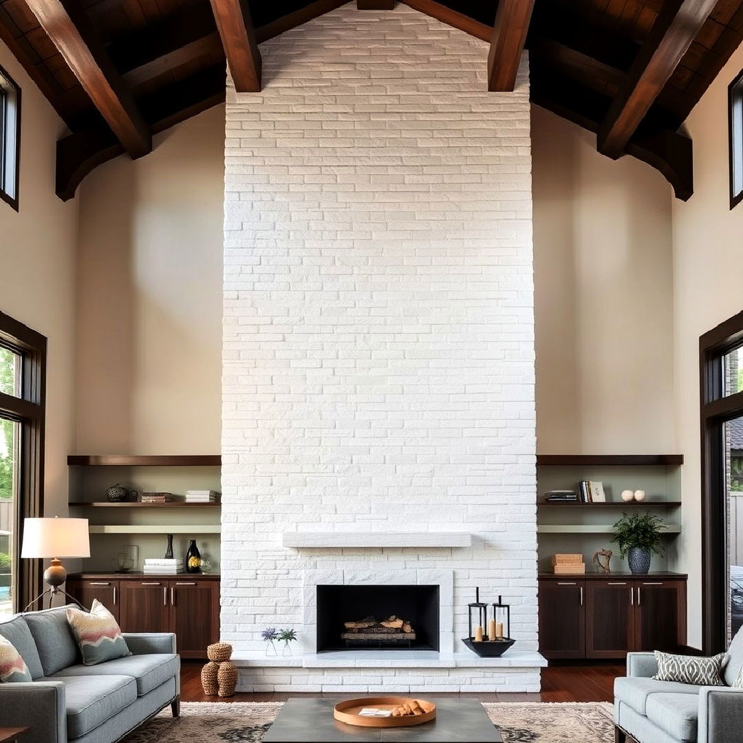 floor to ceiling white stone fireplace for dramatic effect