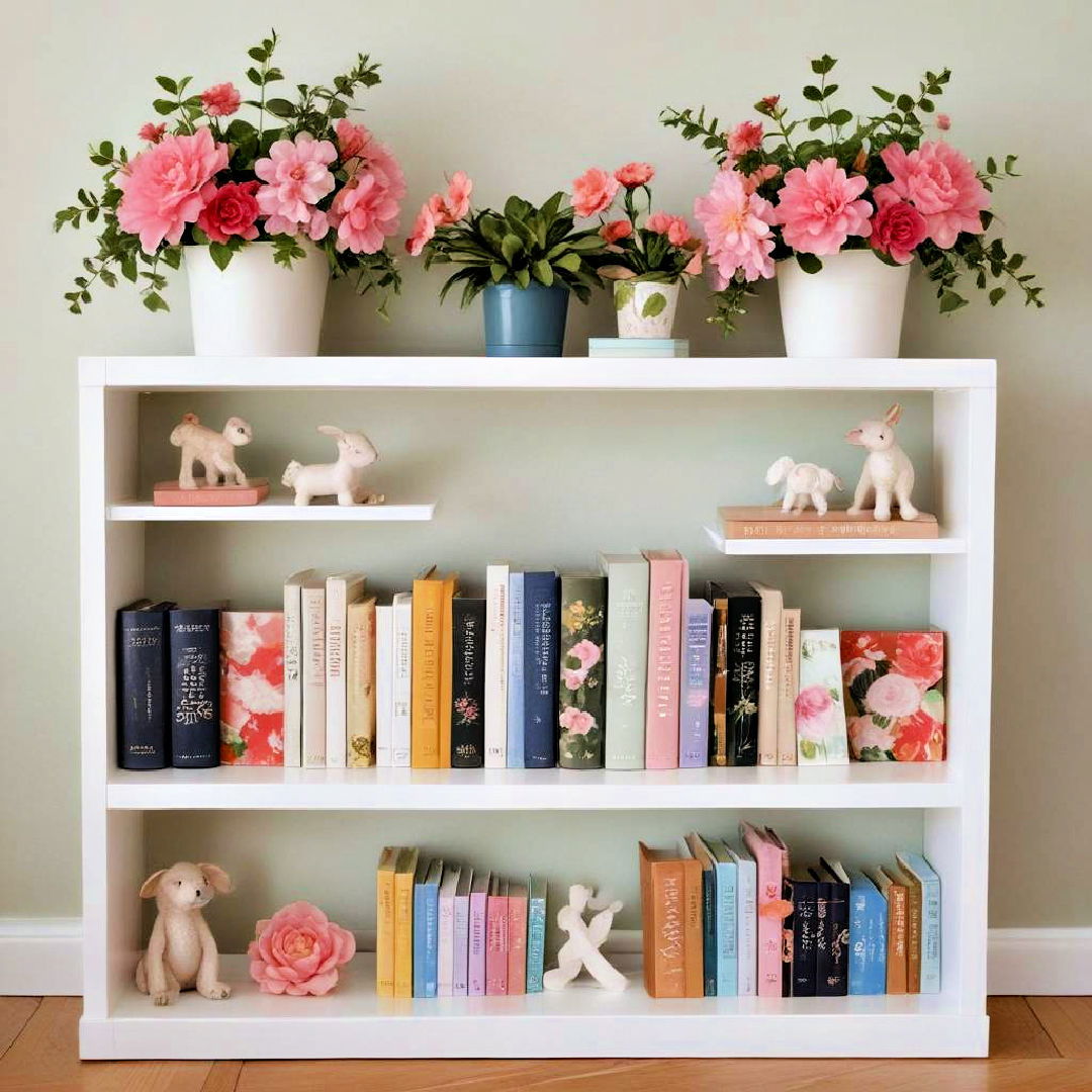 floral themed bookshelf display