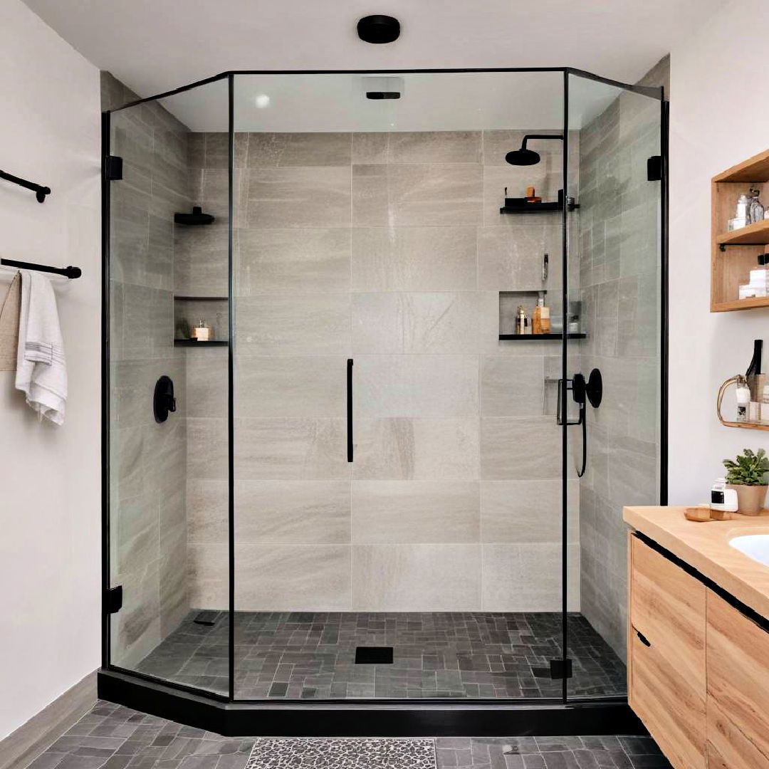 frameless corner shower with matte black fixtures