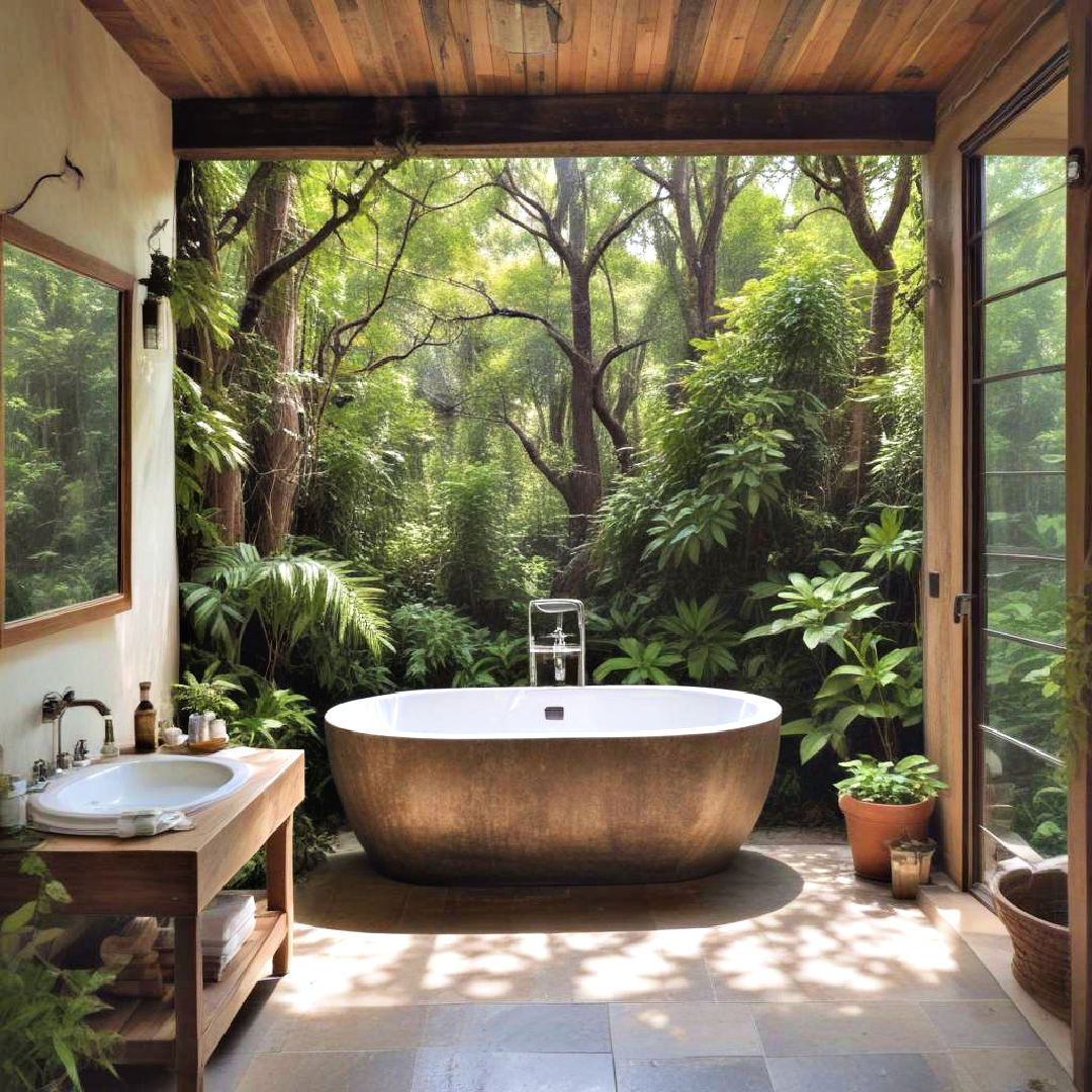 freestanding tub surrounded by greenery