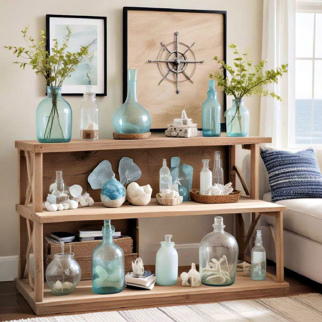 glass bottles and sea glass décor