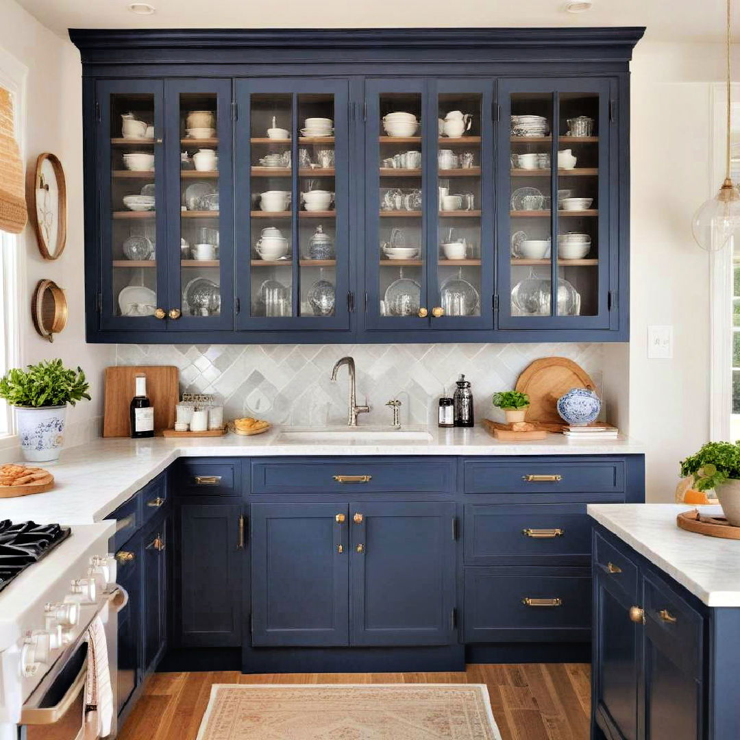 glass front navy blue cabinets