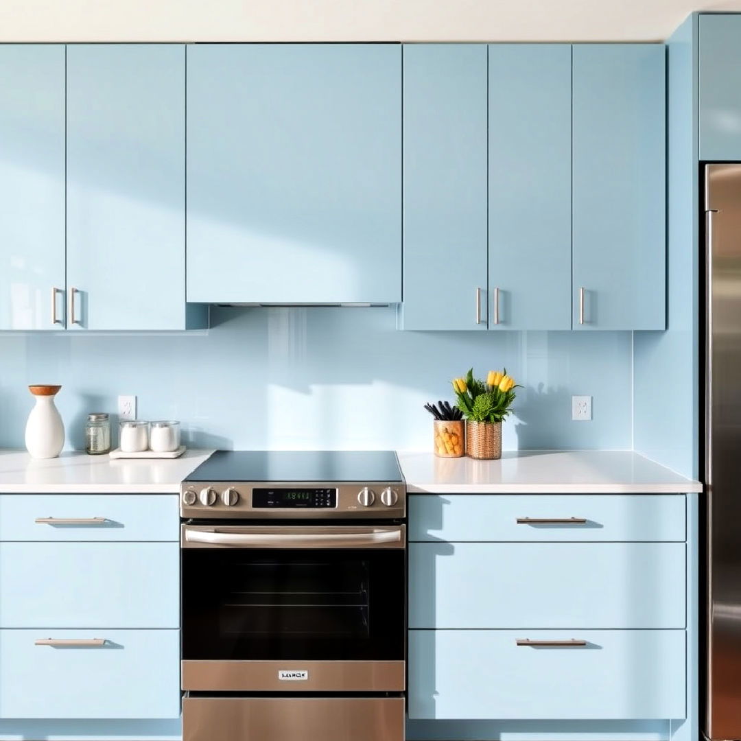 glossy light blue cabinets for a modern look