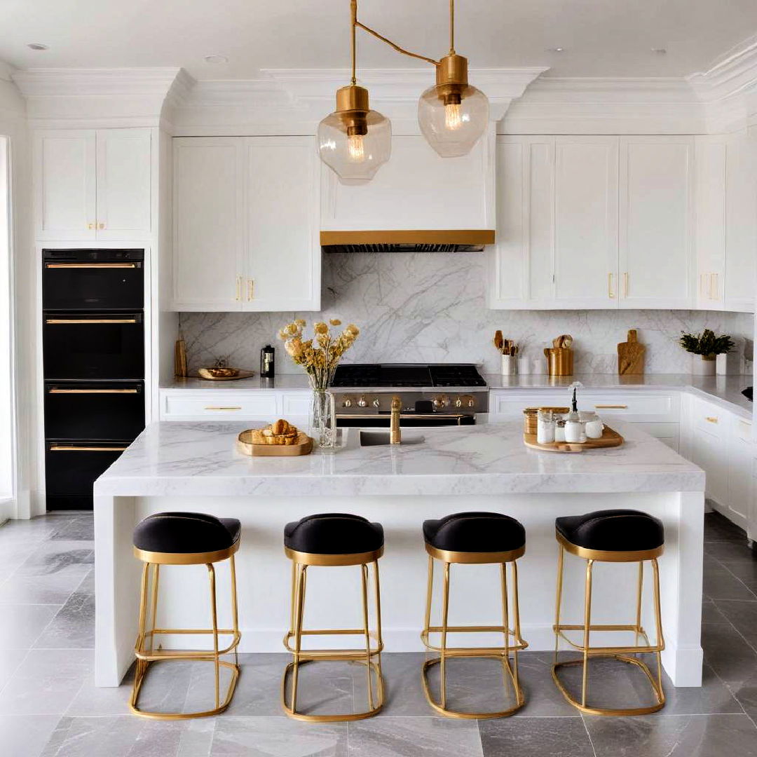 gold bar stools at a white kitchen island