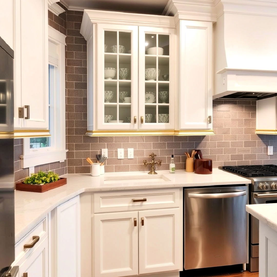 gold cabinet trim on white cabinets