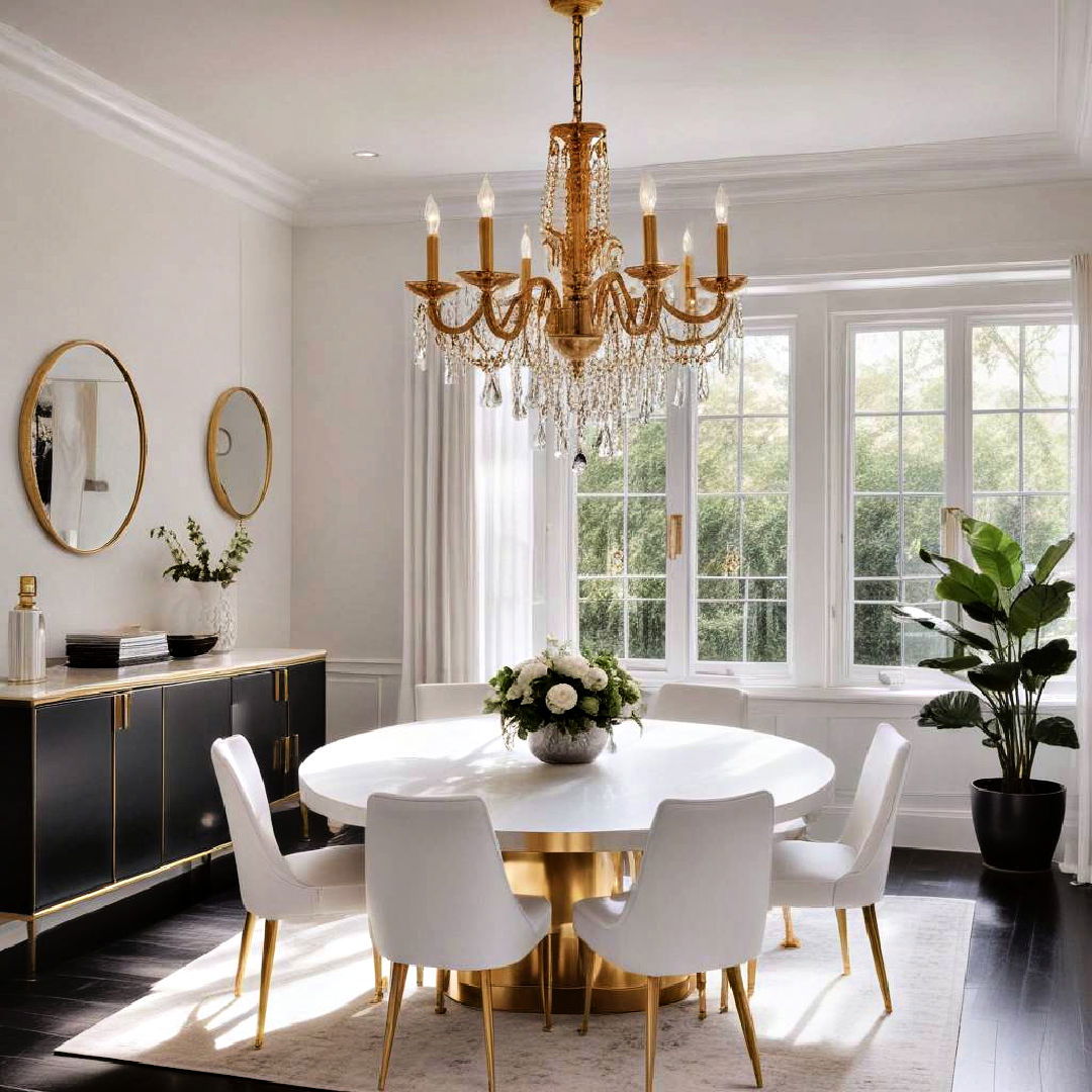 gold chandelier over white dining table