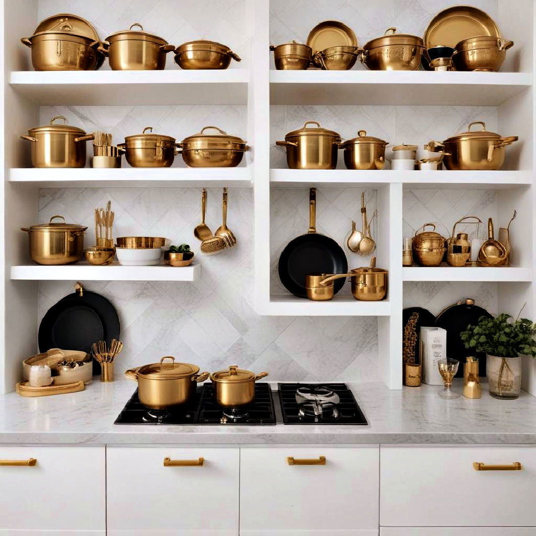 gold cookware displayed on white shelves