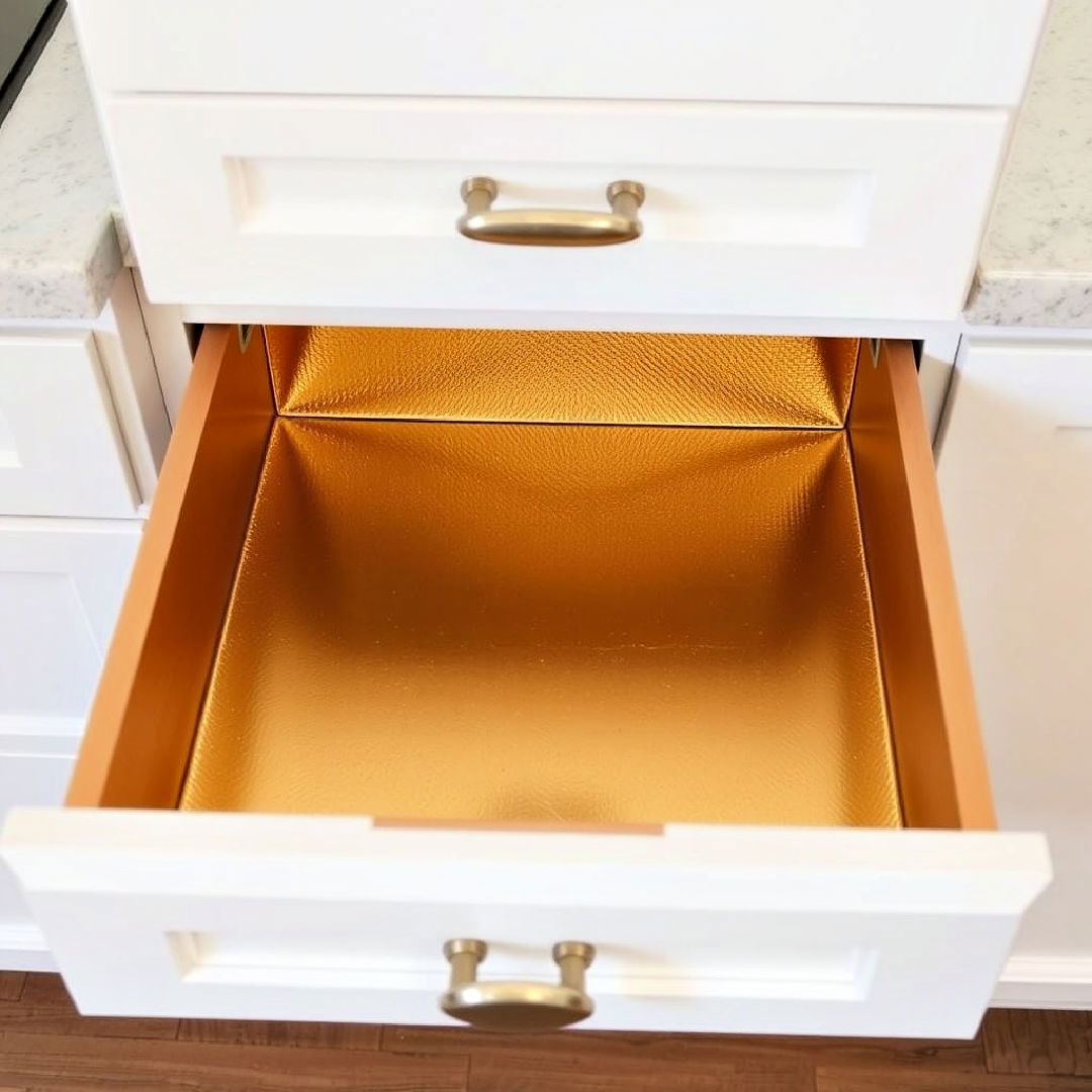 gold drawer liners inside white drawers