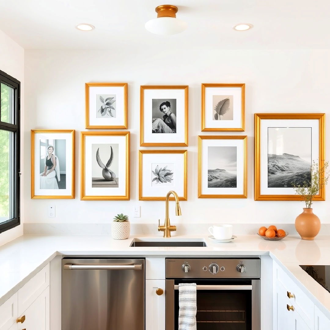 gold framed artwork on white kitchen walls