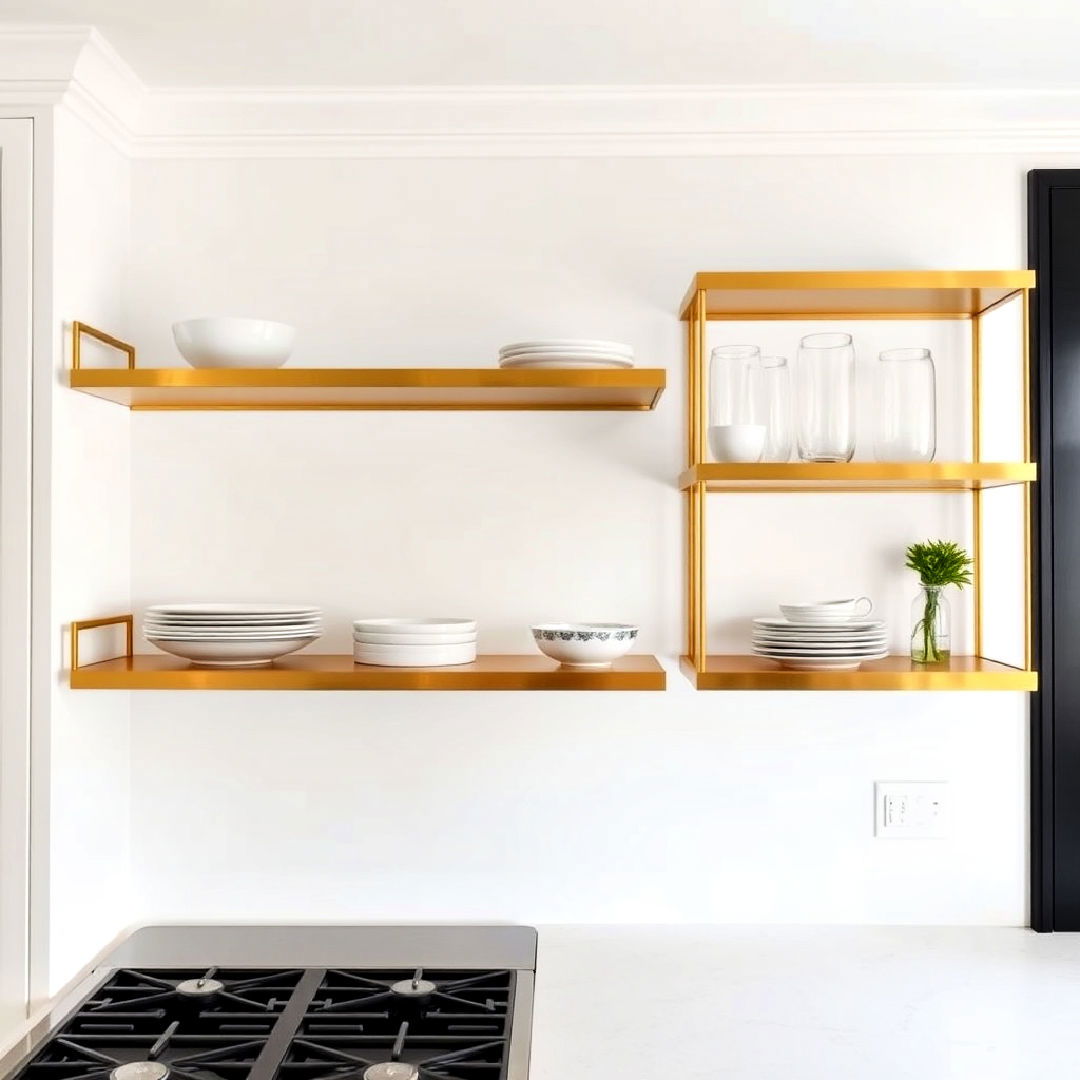 gold open shelving against white walls