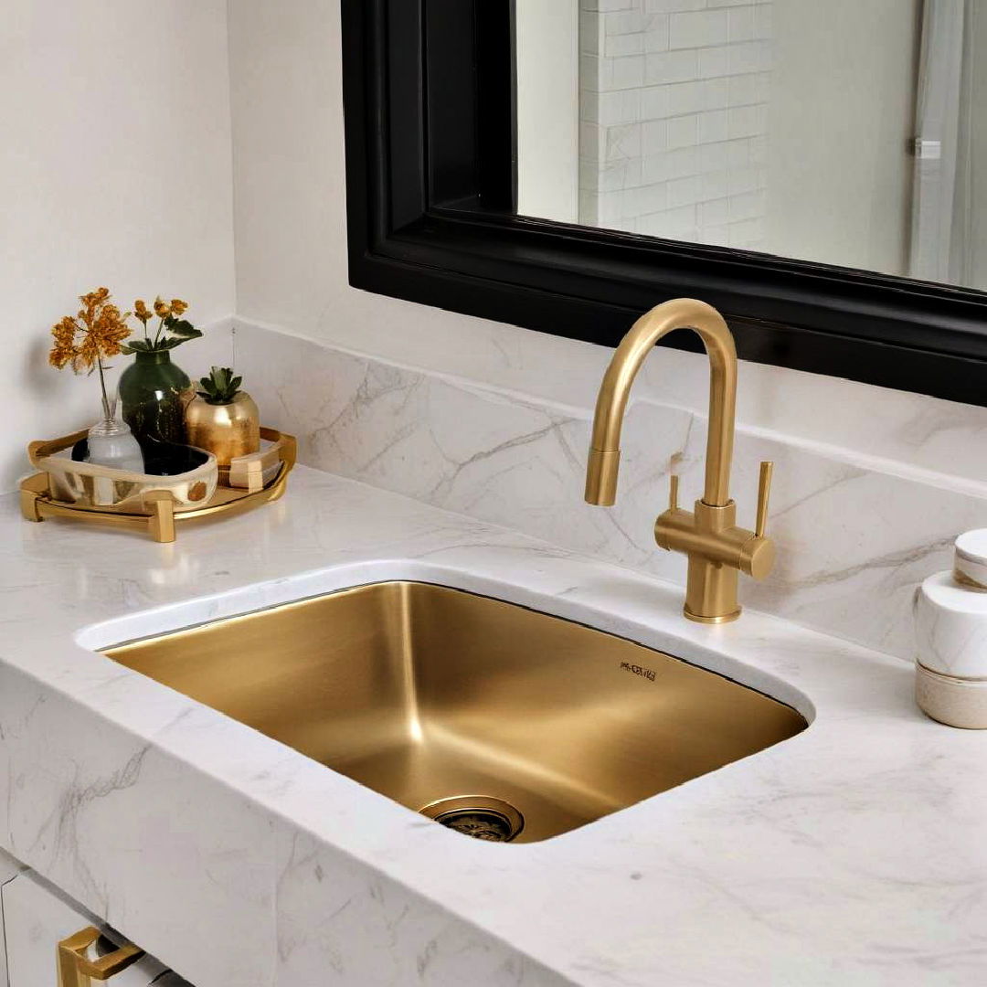 gold sink against a white countertop