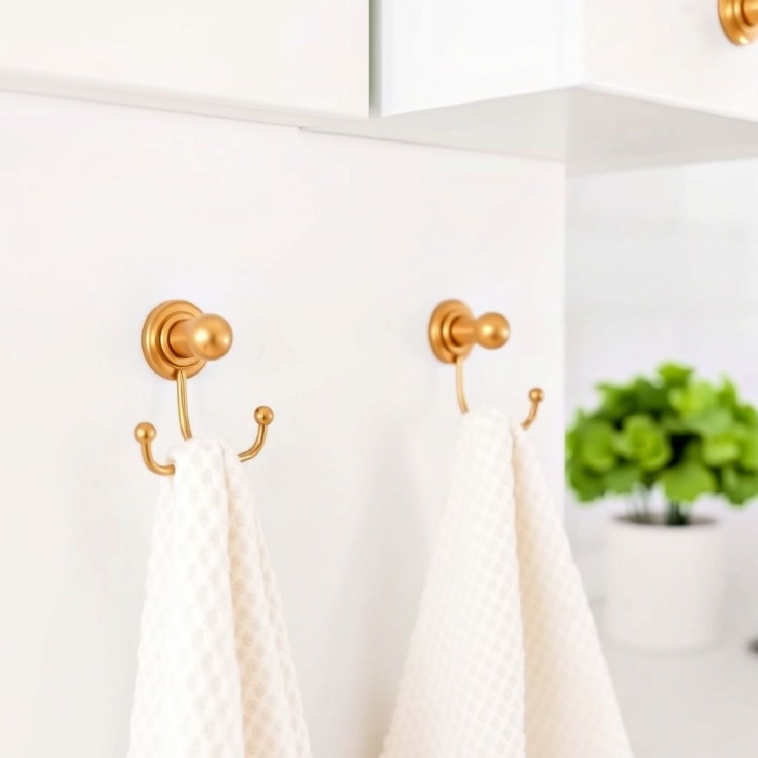 gold towel hooks on white walls