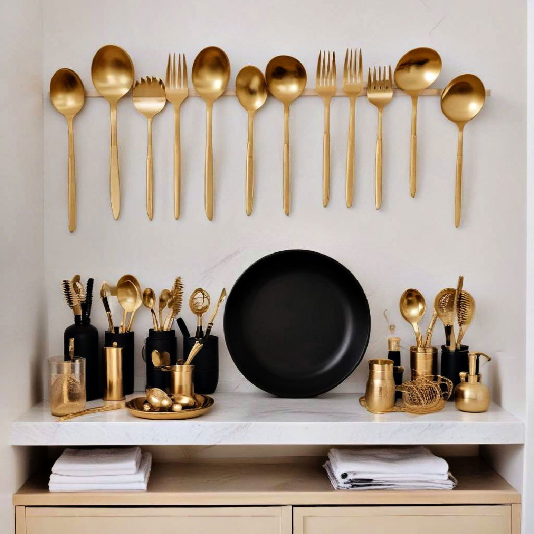 gold utensils displayed against white walls