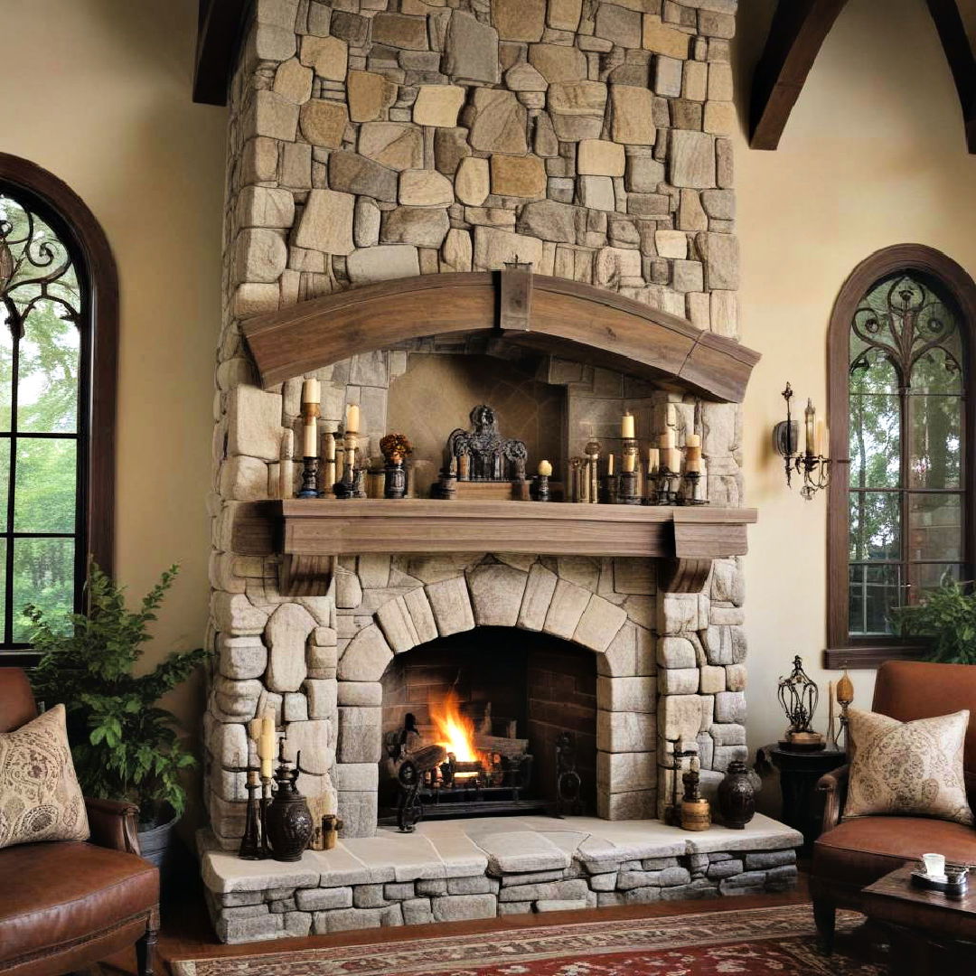 gothic arch stone fireplace