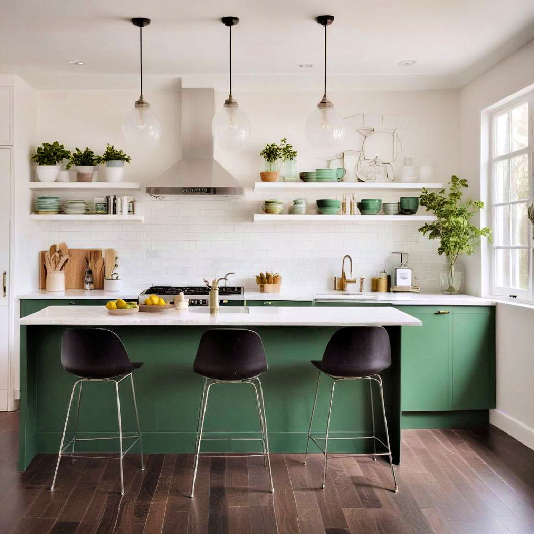 green accented kitchen with white base