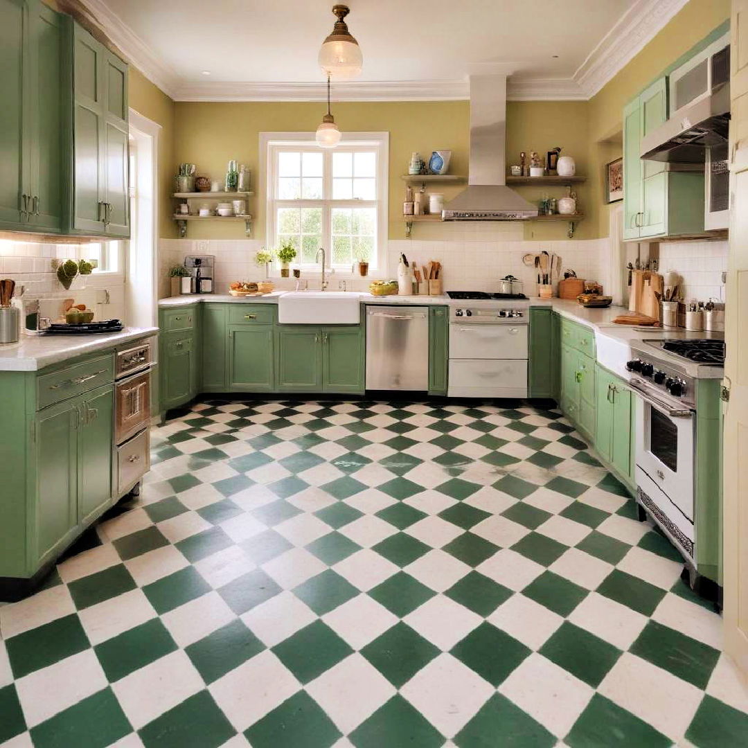 green and white checkerboard flooring for retro flair