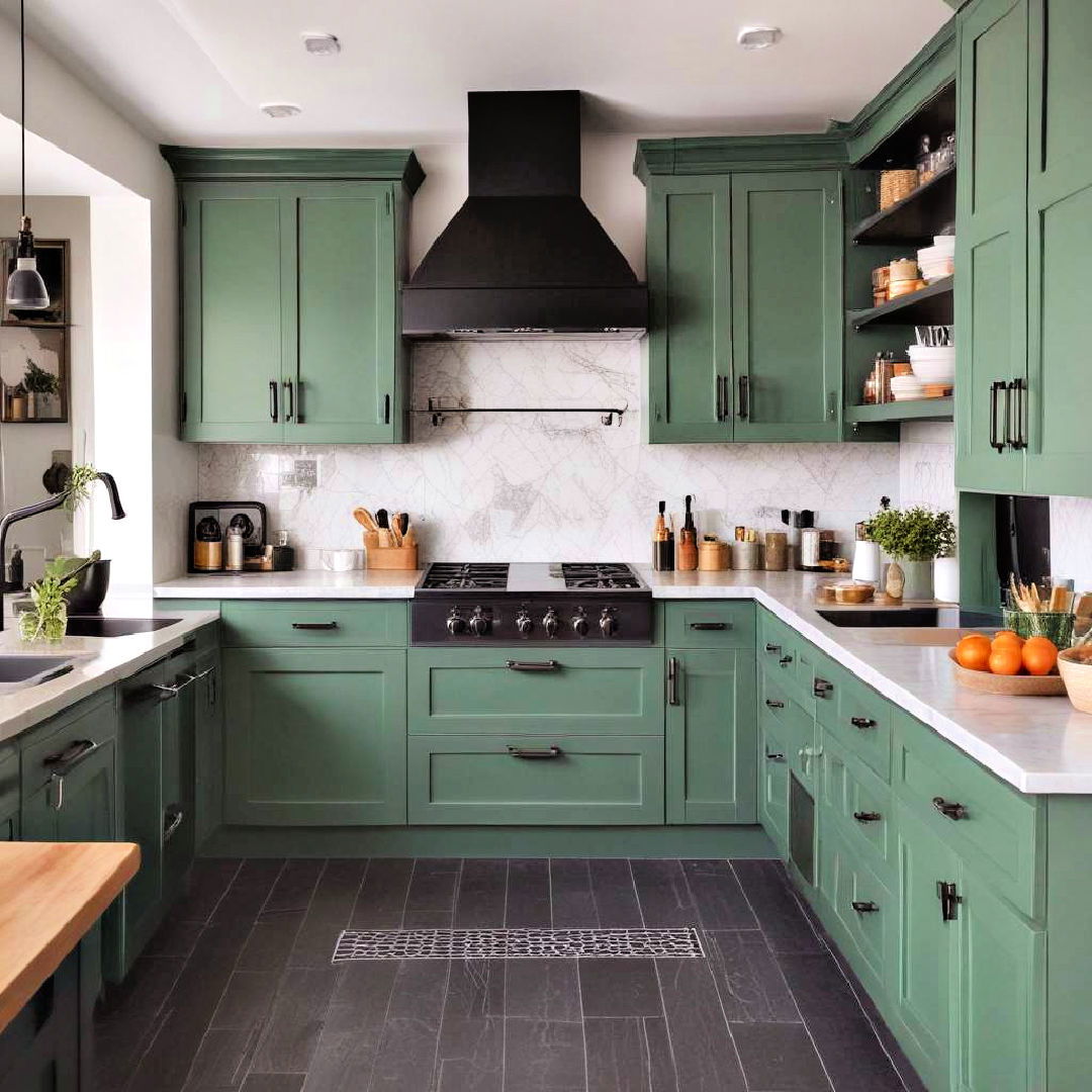 green cabinets with black hardware for a bold look