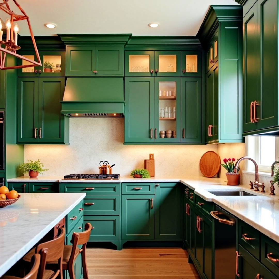 green cabinets with copper hardware for warmth