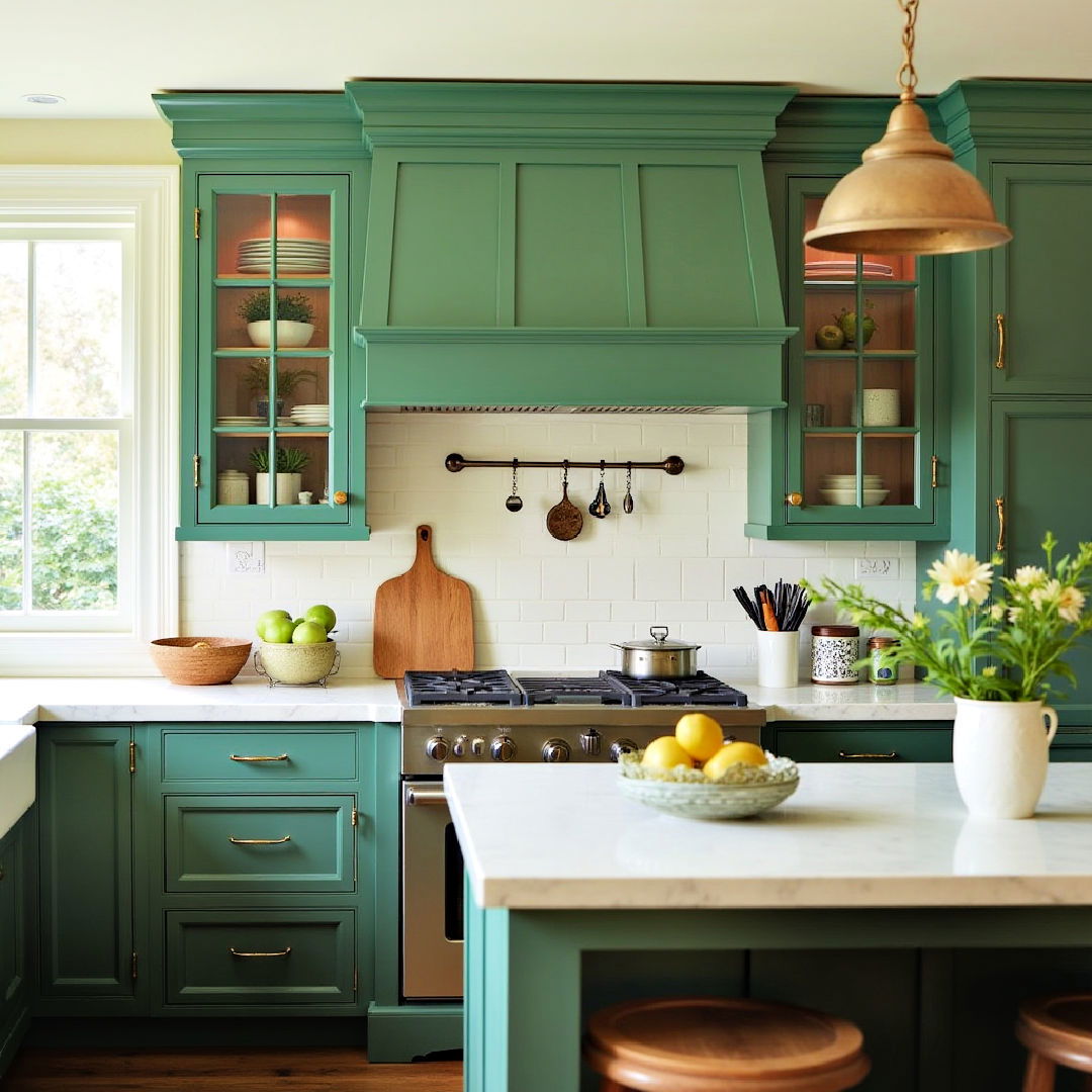 green cabinets with glass inserts for a classic touch