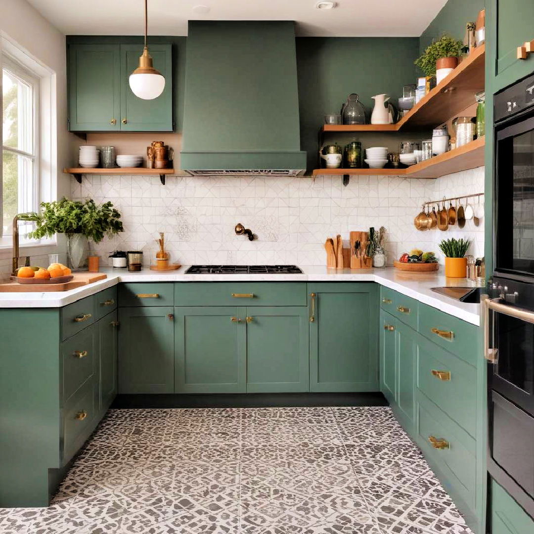 green cabinets with patterned tile flooring