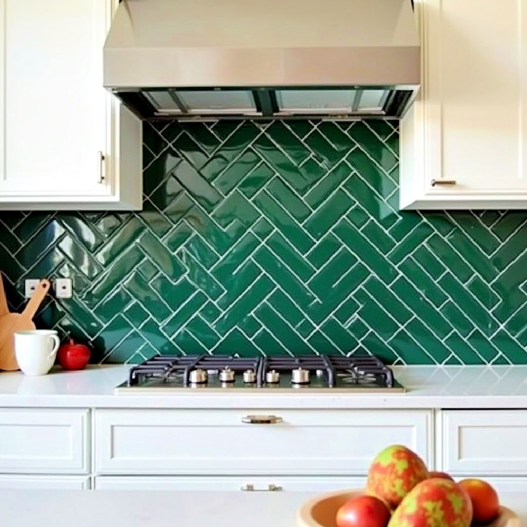 green herringbone backsplash for visual interest