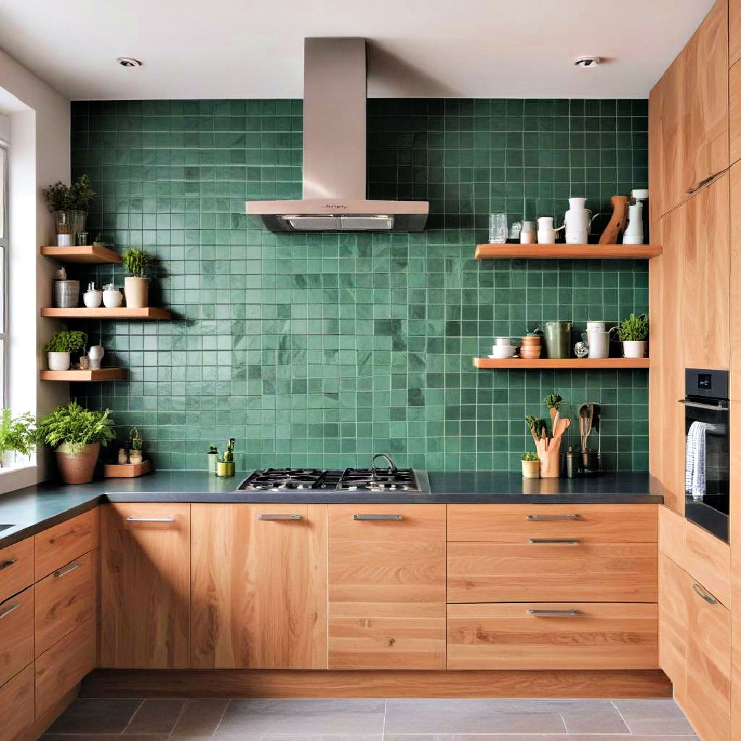 green tiles paired with wood cabinets for a natural vibe