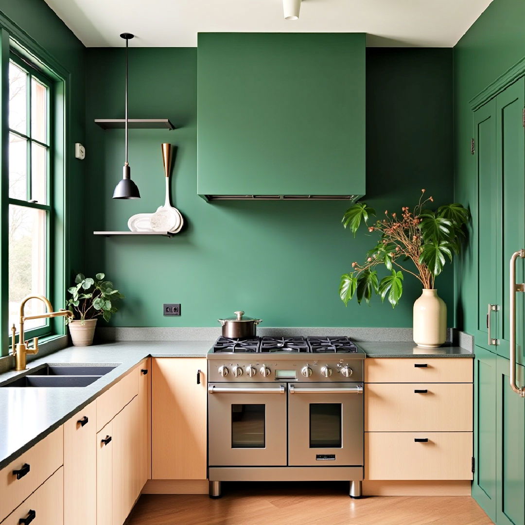 green walls paired with light wood cabinets