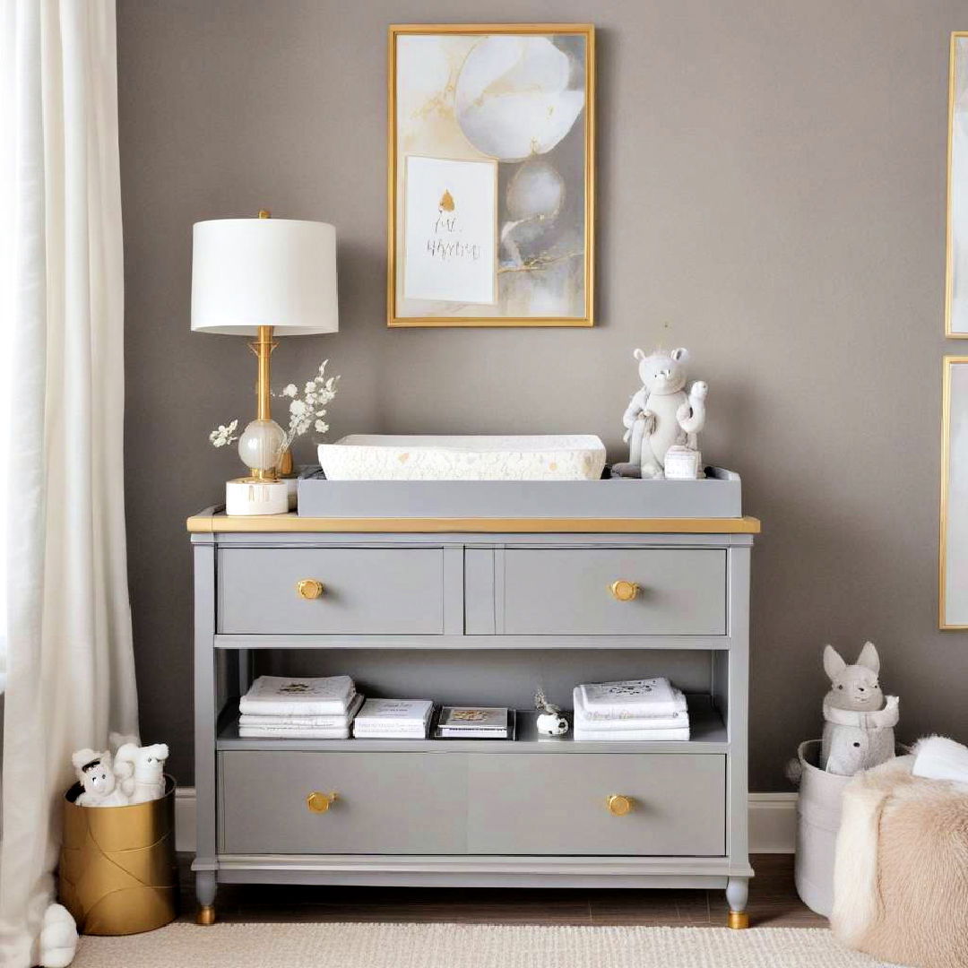 grey changing table with gold accents