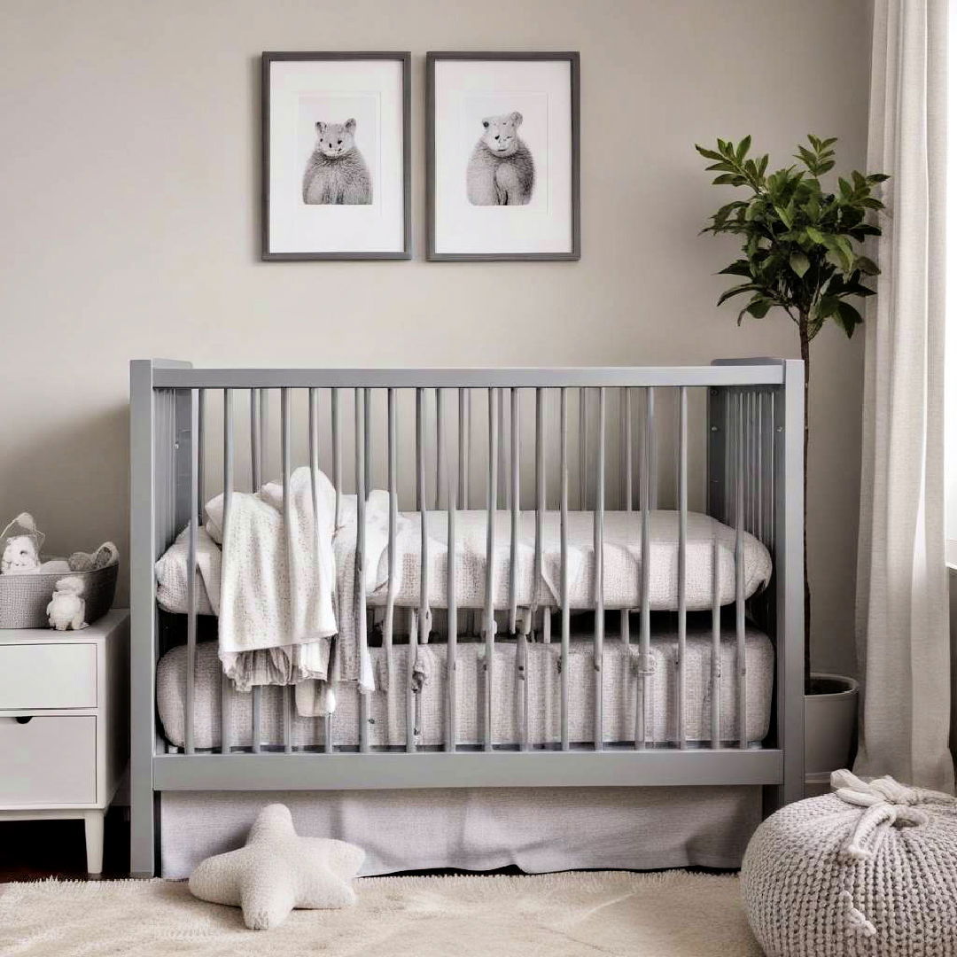 grey crib with light bedding