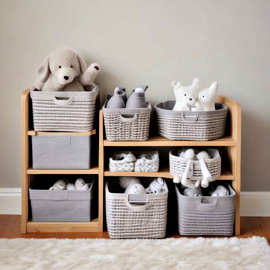 grey storage baskets