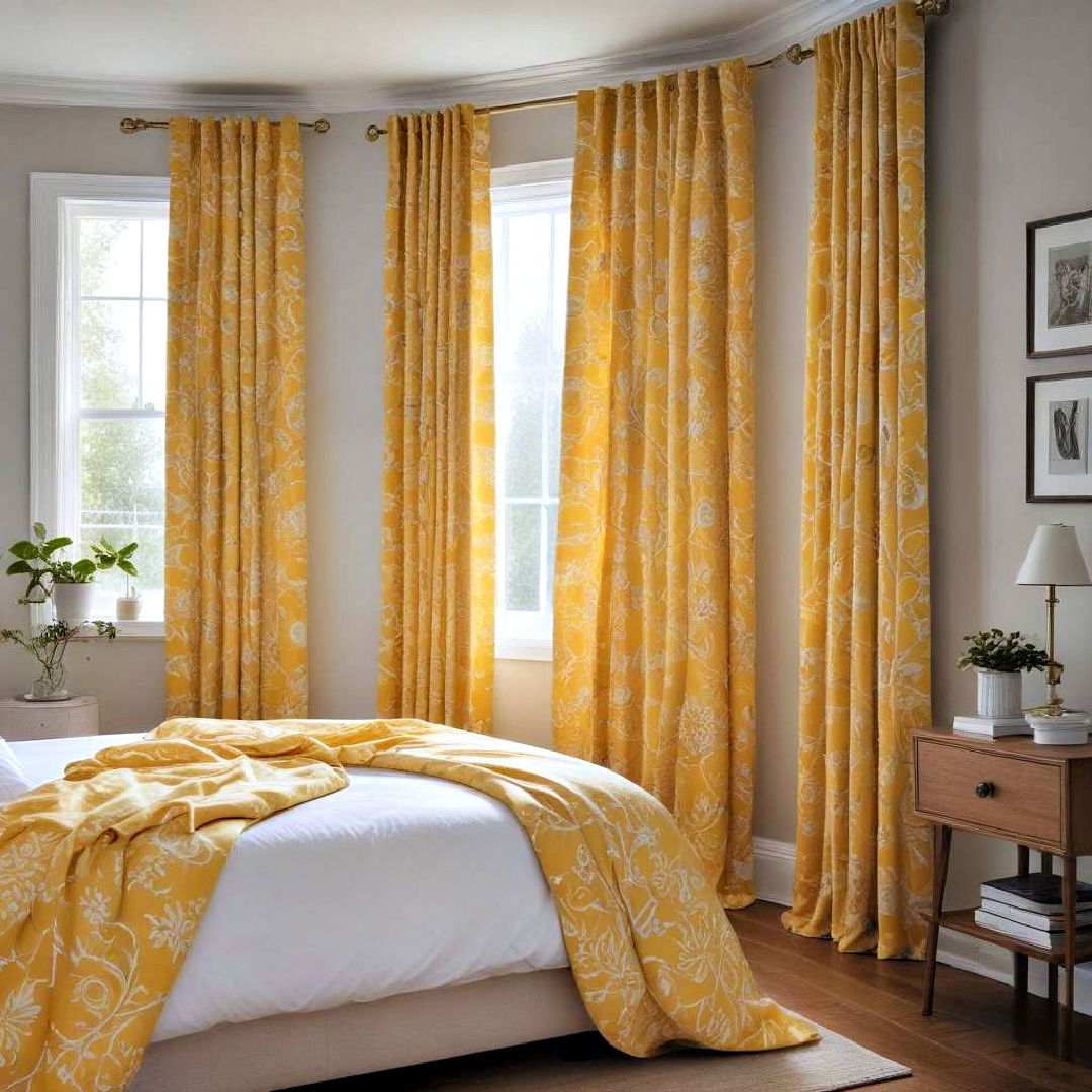 hang yellow patterned curtains for eye catching decor