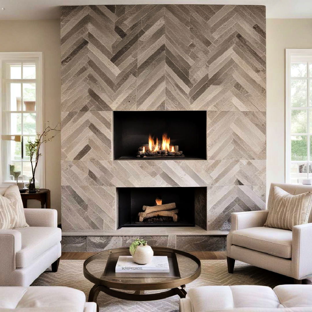 herringbone stone fireplace