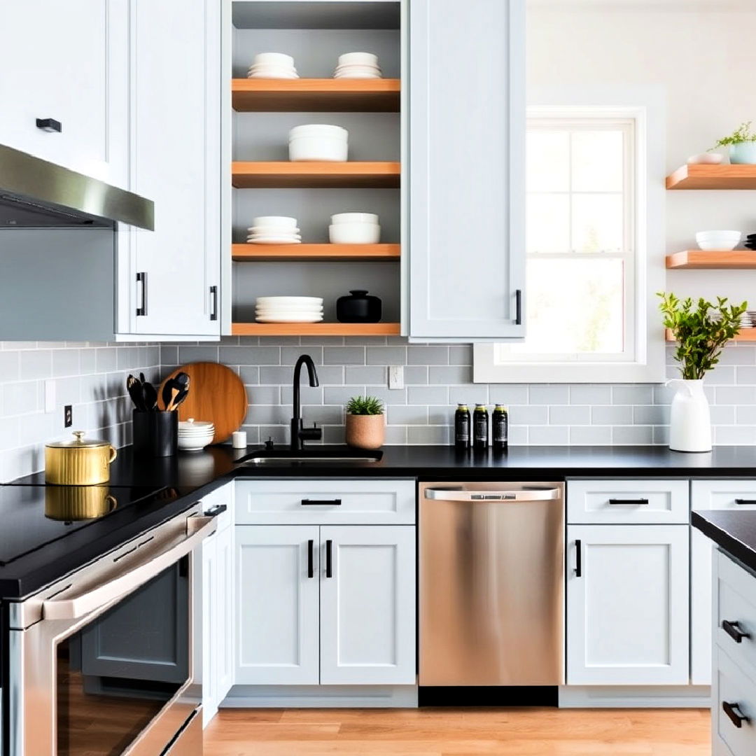 light blue cabinets with black hardware