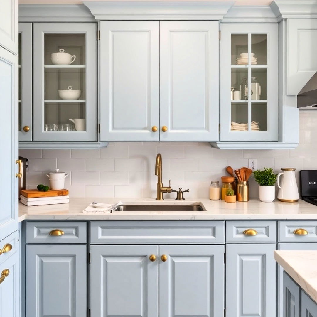 light blue cabinets with brass hardware