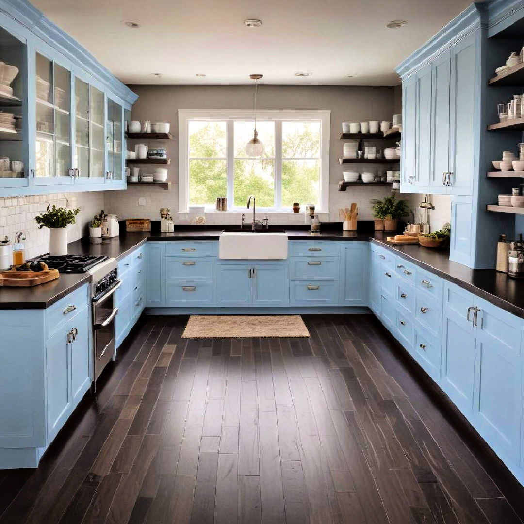 light blue cabinets with dark wood flooring