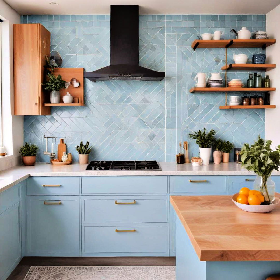 light blue cabinets with geometric backsplash