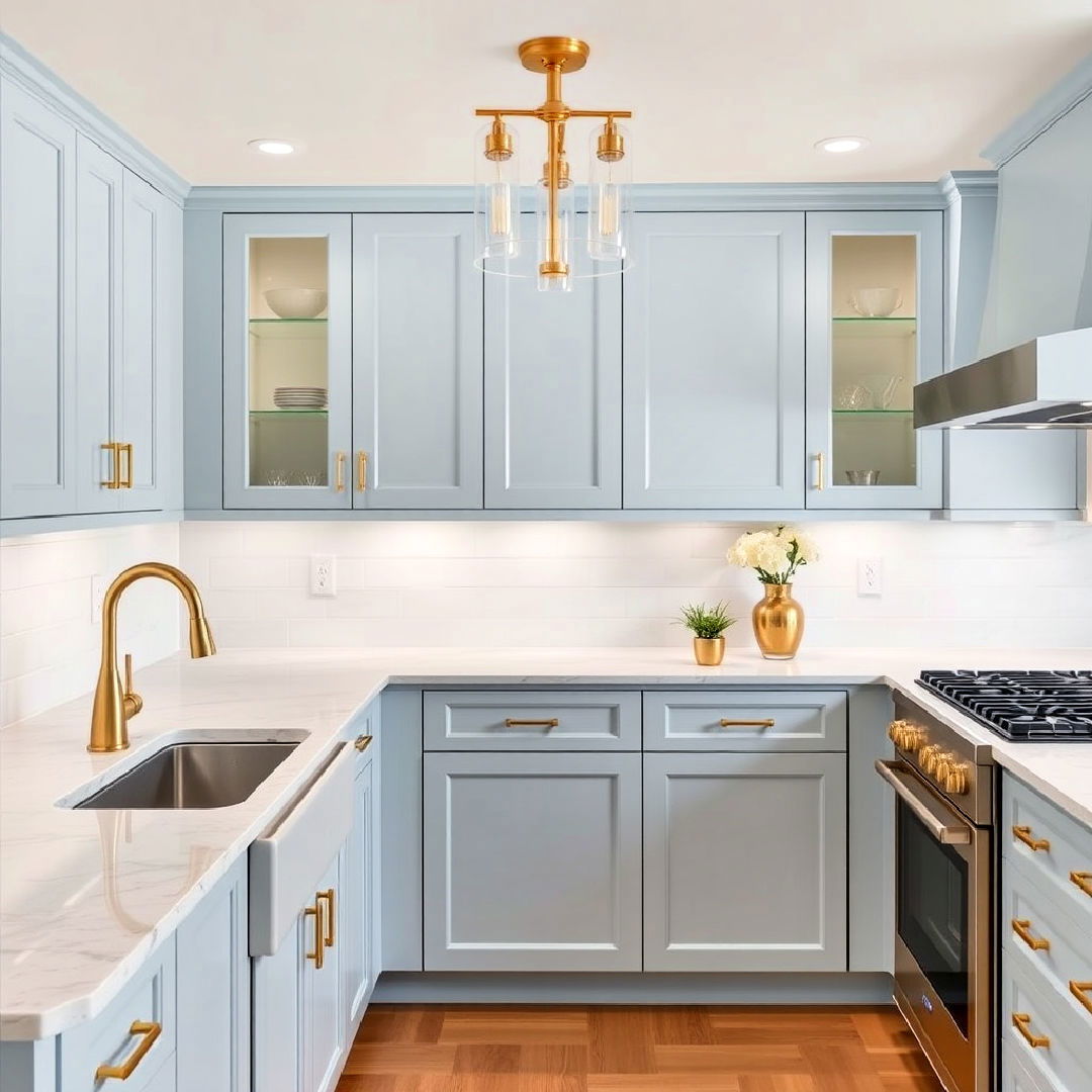 light blue cabinets with gold fixtures