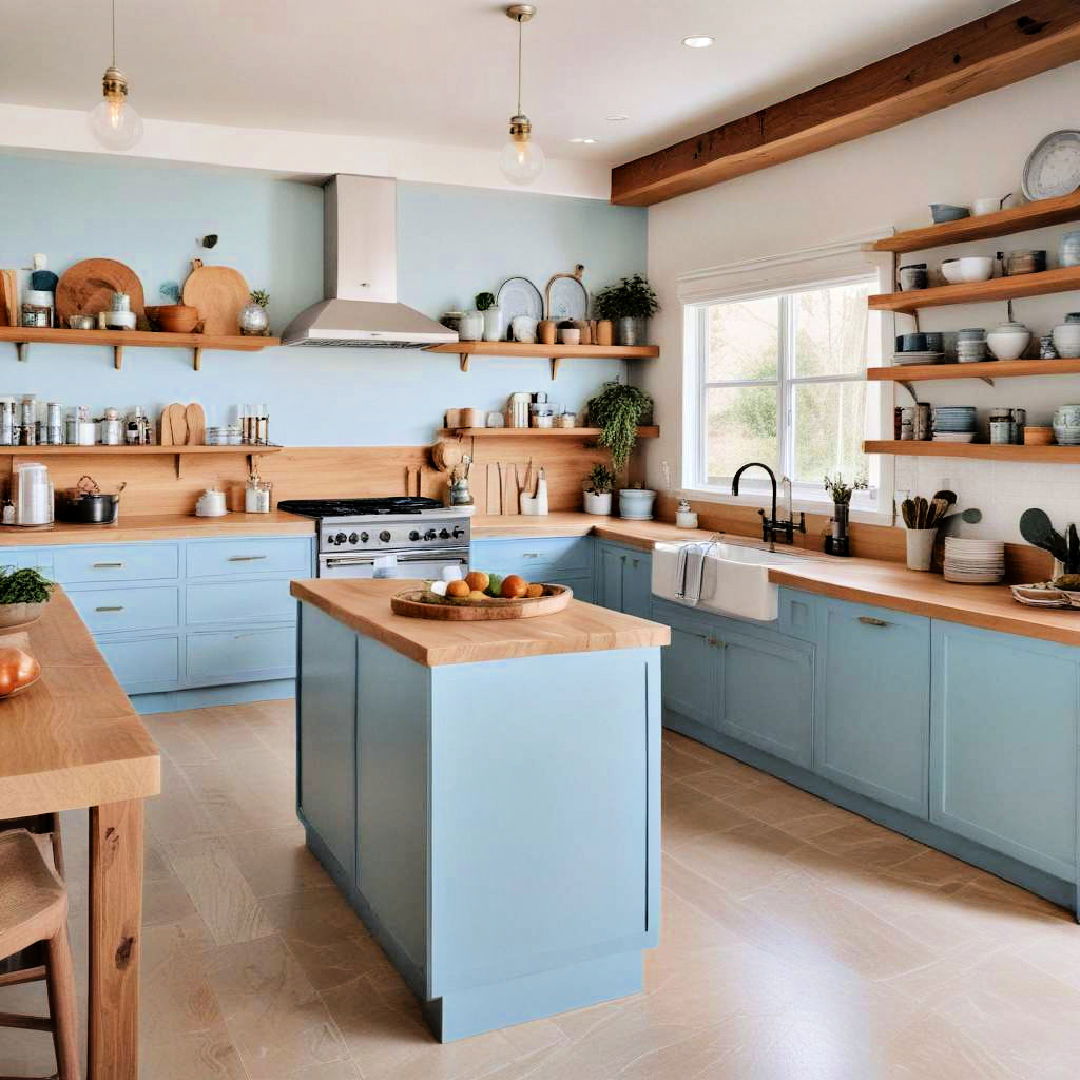 light blue cabinets with natural wood accents