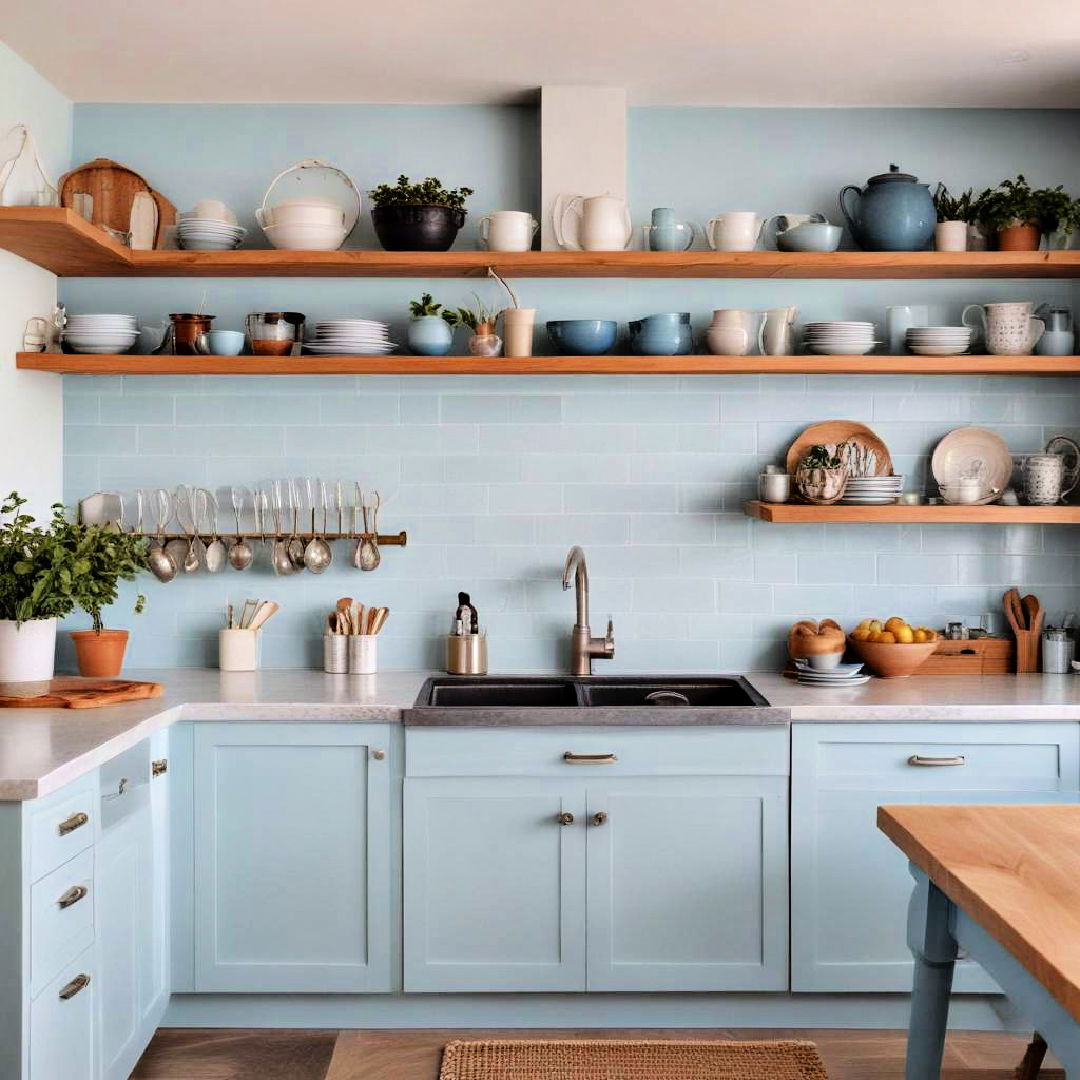 light blue cabinets with open shelving